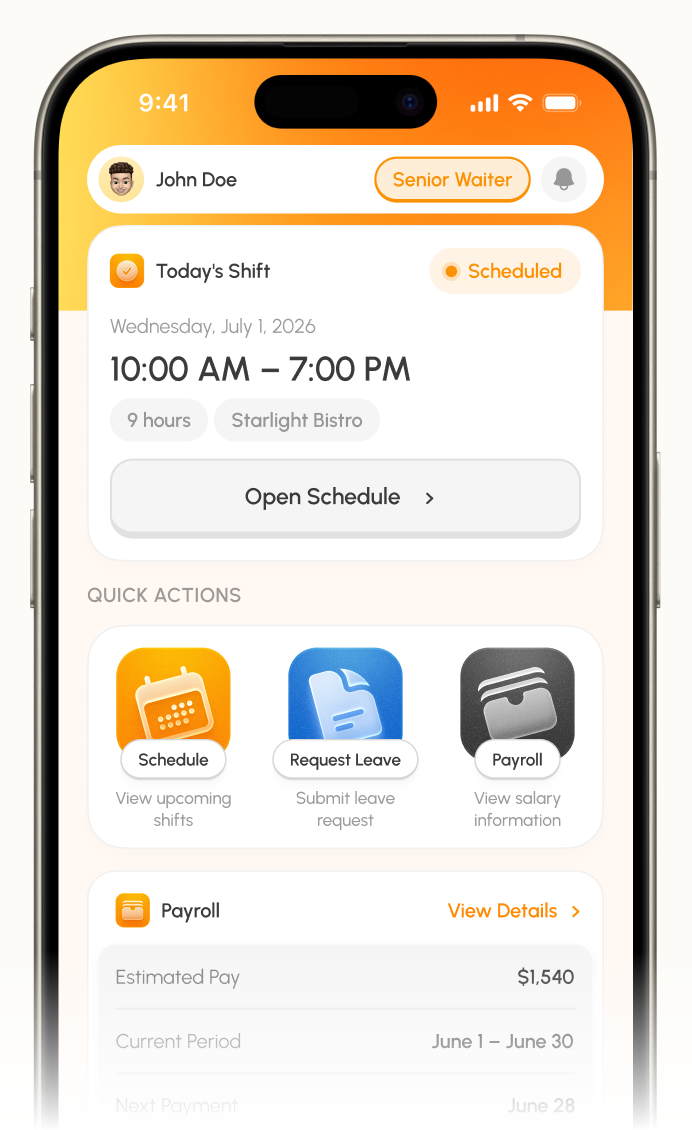 Staffty app — today's shift, quick actions, payroll